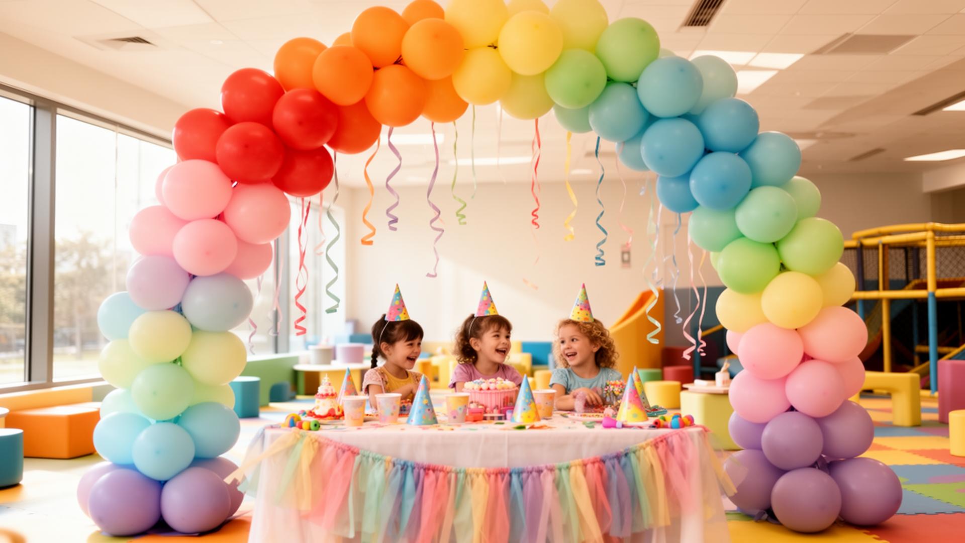 Colorful pastel rainbow balloon arch over a decorated kids birthday party table at an indoor play space in Denver