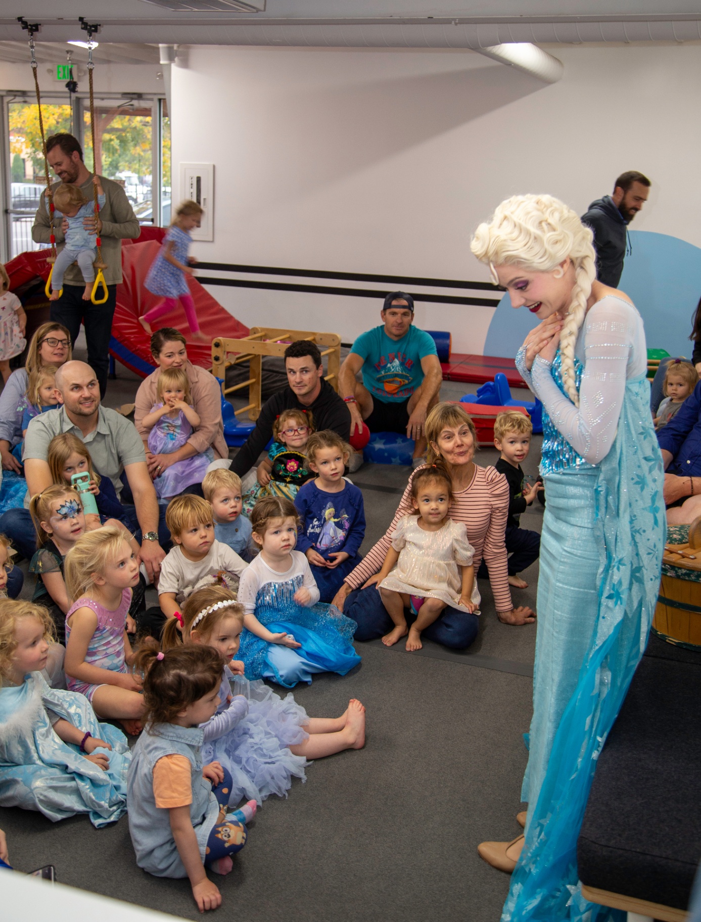The Ice Queen meeting a group of children dressed as princesses at tumble HAUS Denver